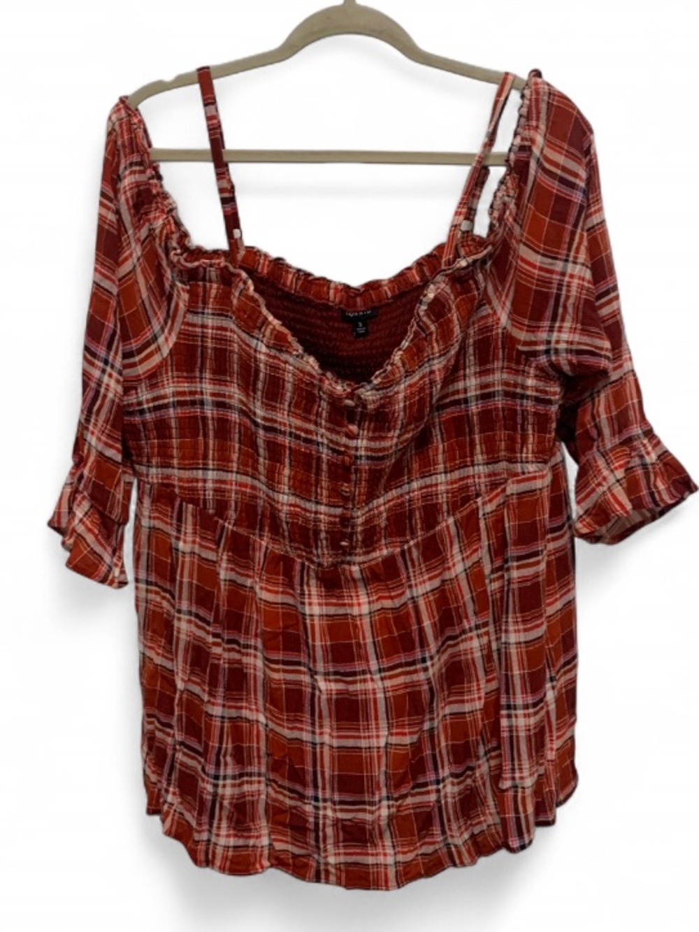 torrid Red Orange Plaid Off-Shoulder Peasant Top